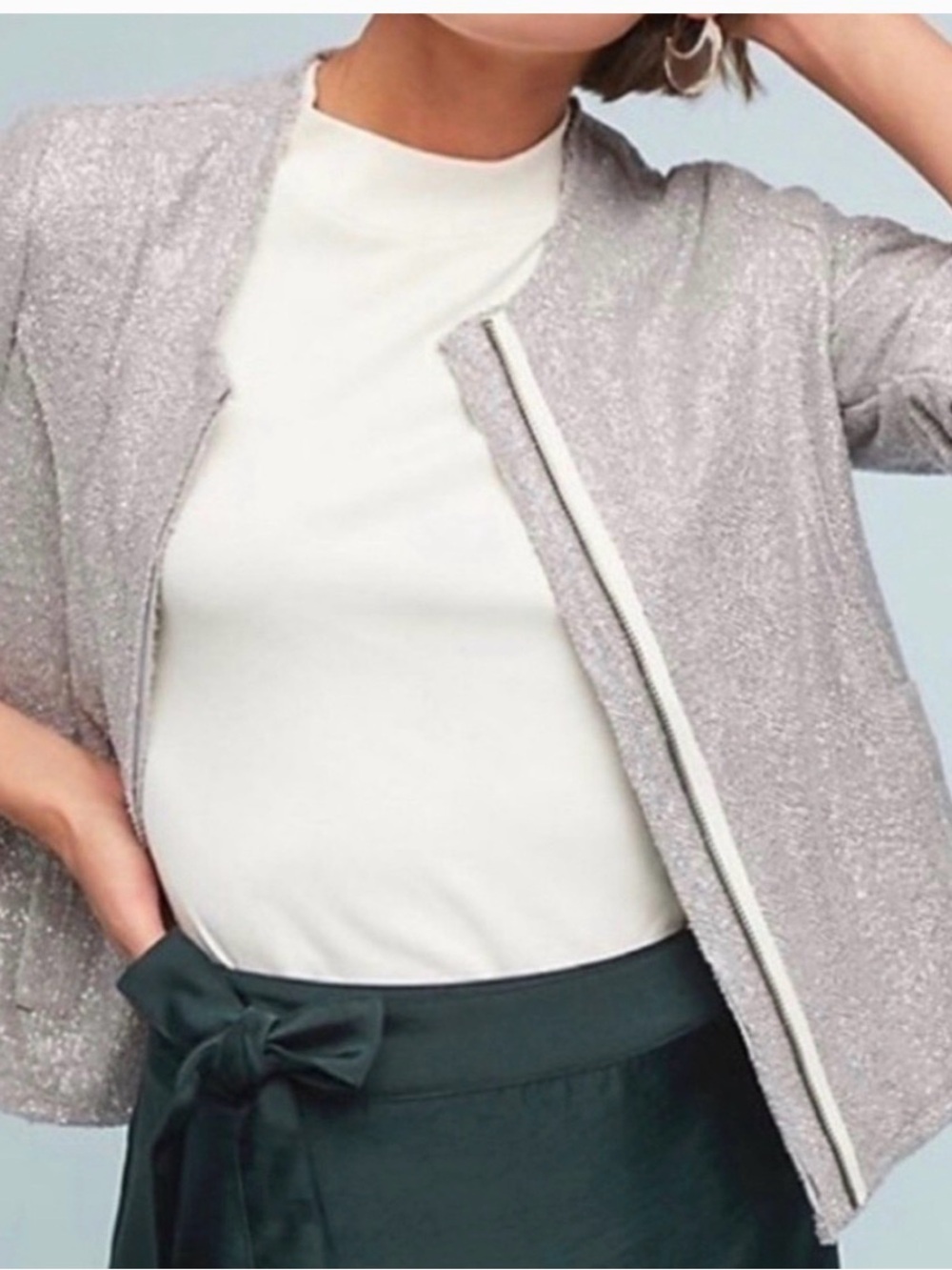 Anthropologie Dolan Silver Glitter Open-Front Jacket